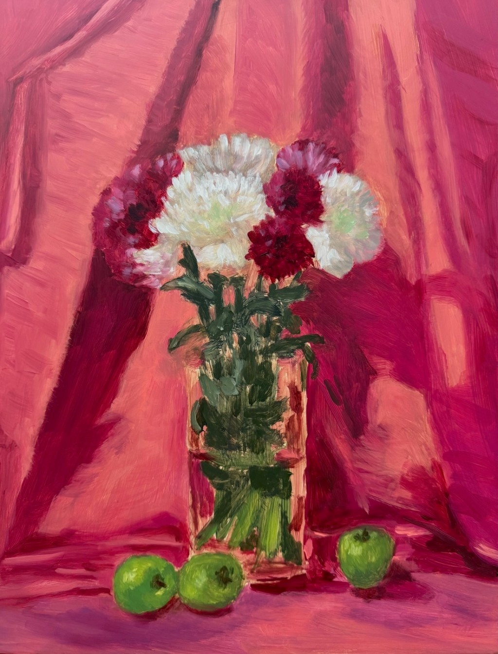 Chrysanthemums And Apples On Red